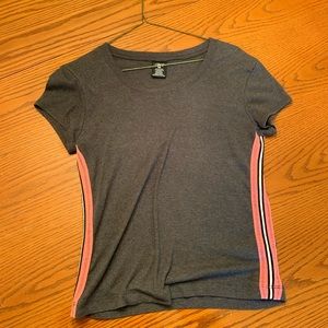 bcg grey top w/ pink, white, &  black stripe shirt
